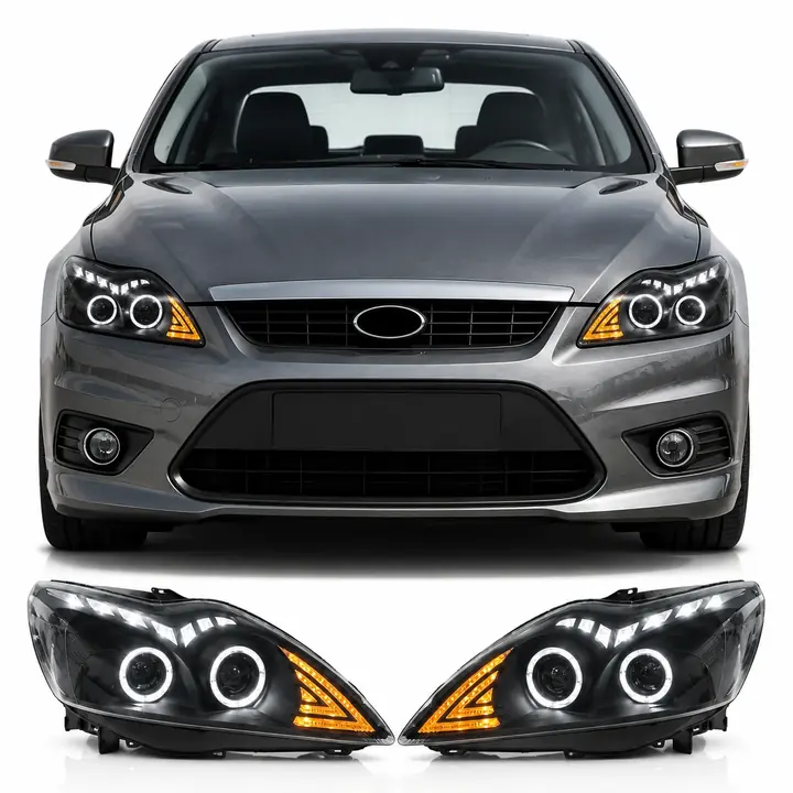 Gray Ford Focus with the projector headlights installed, white Angel Eye DRL rings and amber turn-signal segments illuminated; the complete left and right assemblies are shown below.