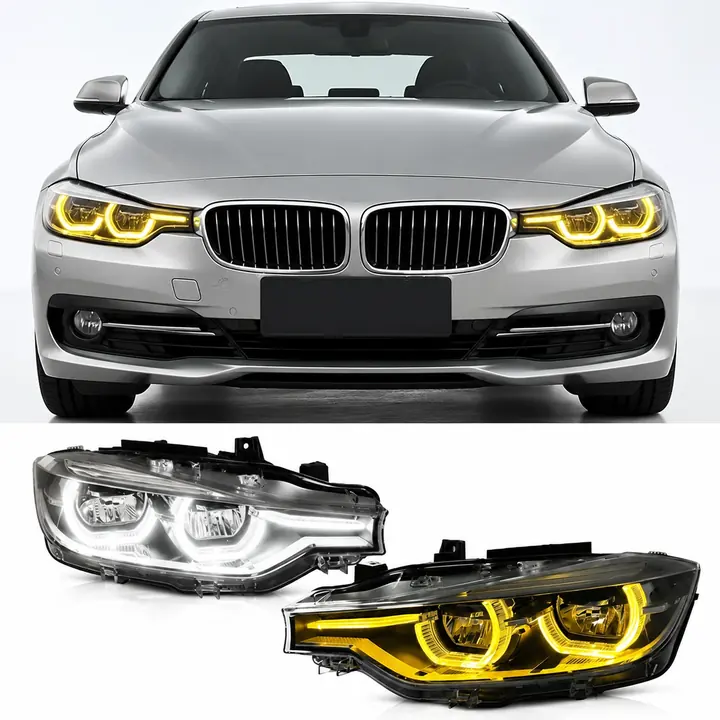 BMW F30 with matching white and amber headlight assemblies.