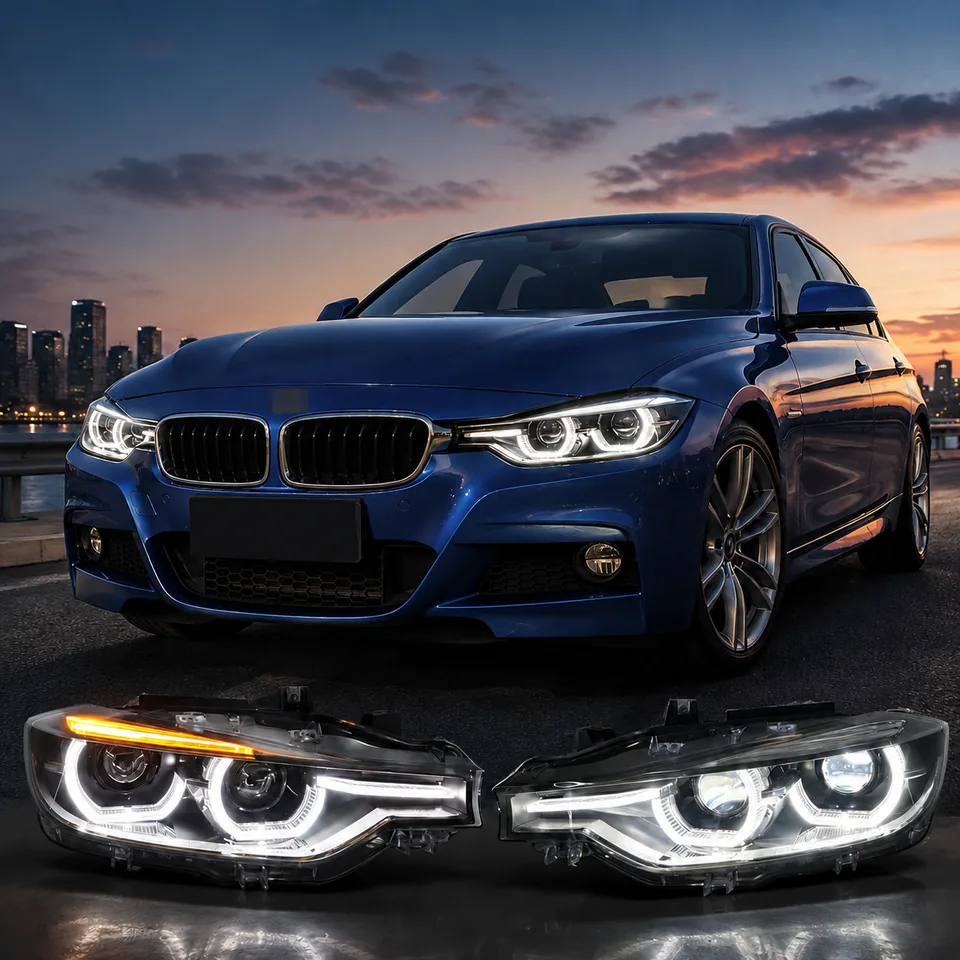 Blue BMW 3 Series at dusk with white LED halo headlights installed and the left and right headlight assemblies displayed below.