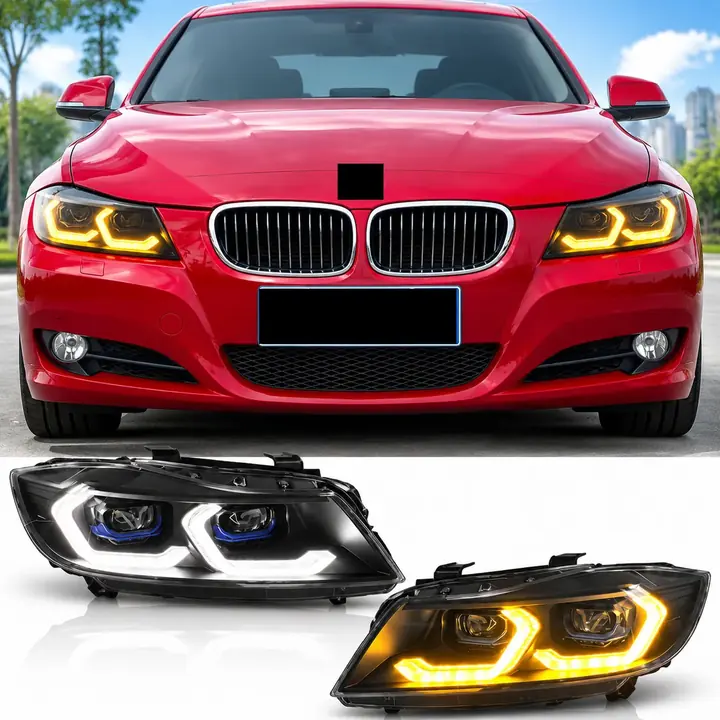 BMW E90 with the complete white and golden headlight assemblies installed and displayed.