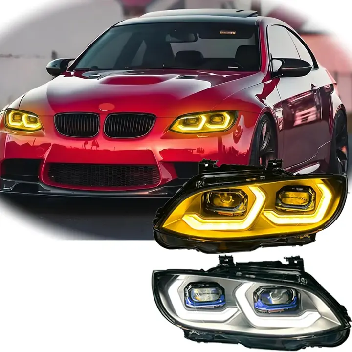 BMW E92/E93 with amber and white projector headlight assemblies displayed.