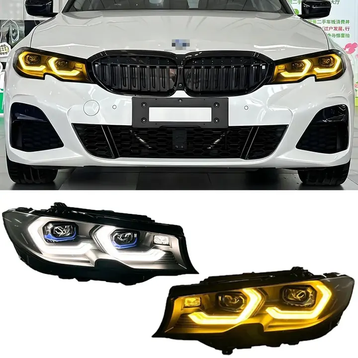 BMW G20 with amber DRLs installed and the matching headlight assemblies displayed.