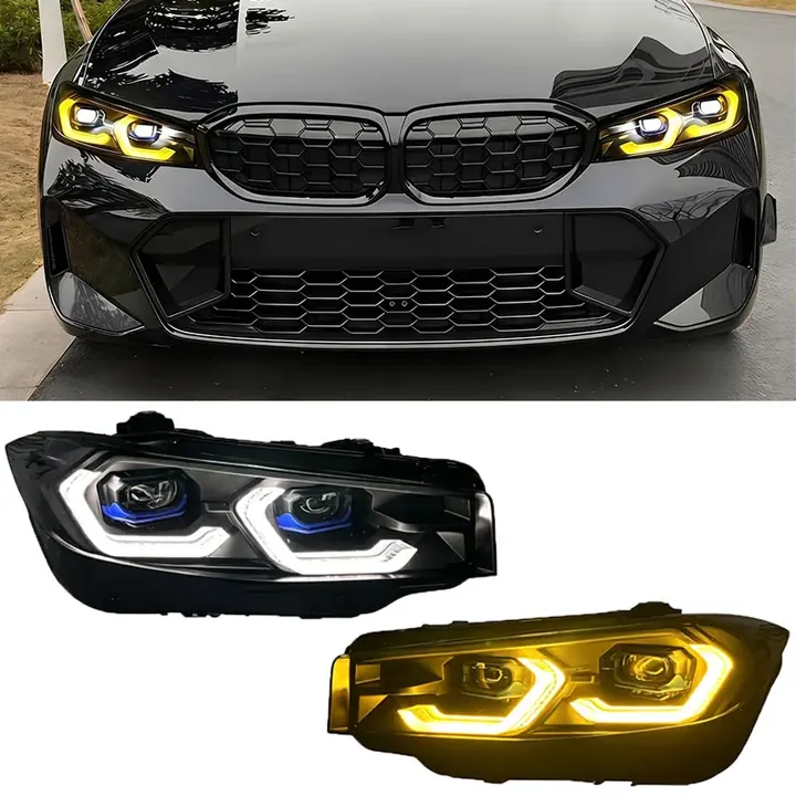 BMW G28 with amber DRLs installed and white/amber assembly modes displayed.