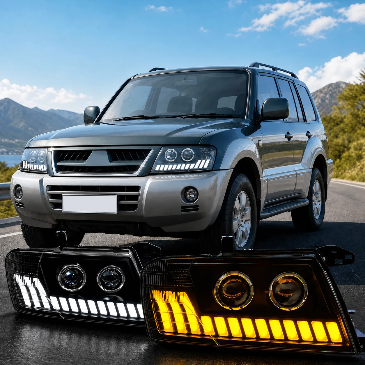 Mitsubishi Pajero V73/V75/V77 with white and amber sequential headlight assemblies.