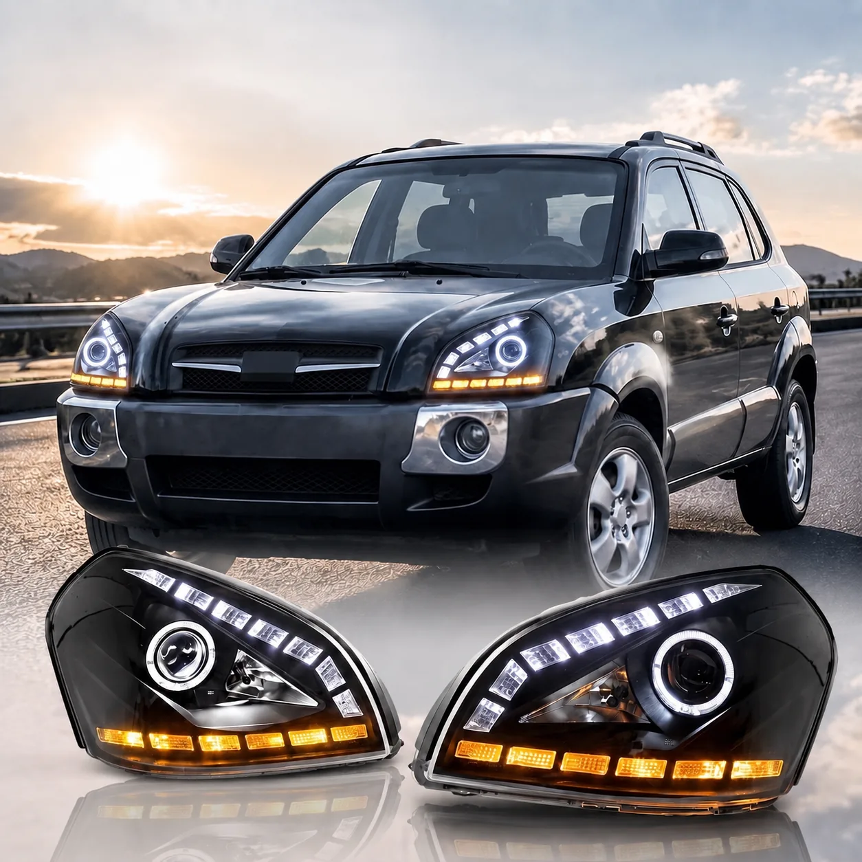 Hyundai Tucson with angel-eye headlight assemblies installed.