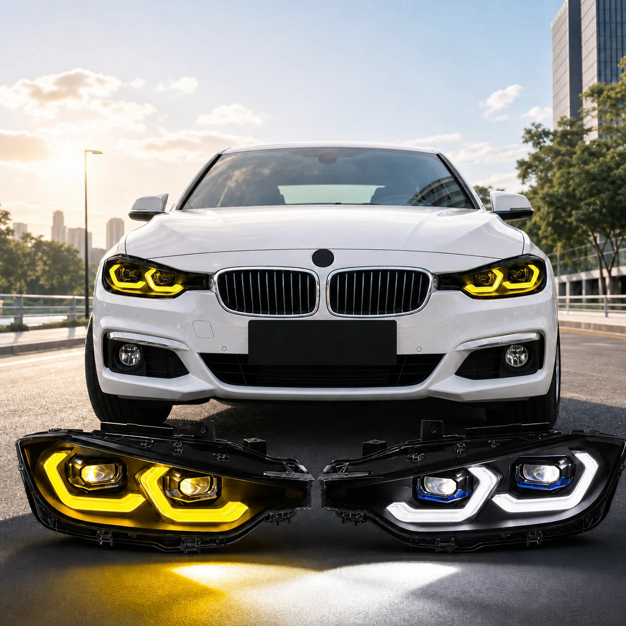 BMW 3 Series F30/F35 with dynamic amber headlamps and matching assemblies.