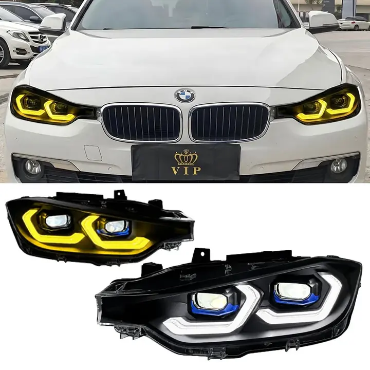 White BMW F30 with amber headlights and matching assemblies.